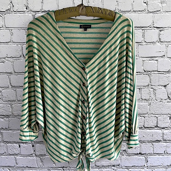 Democracy Womens aqua/cream striped tie front top size L - Picture 2 of 5